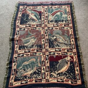 Fish-Themed Tapestry Blanket with Fringe